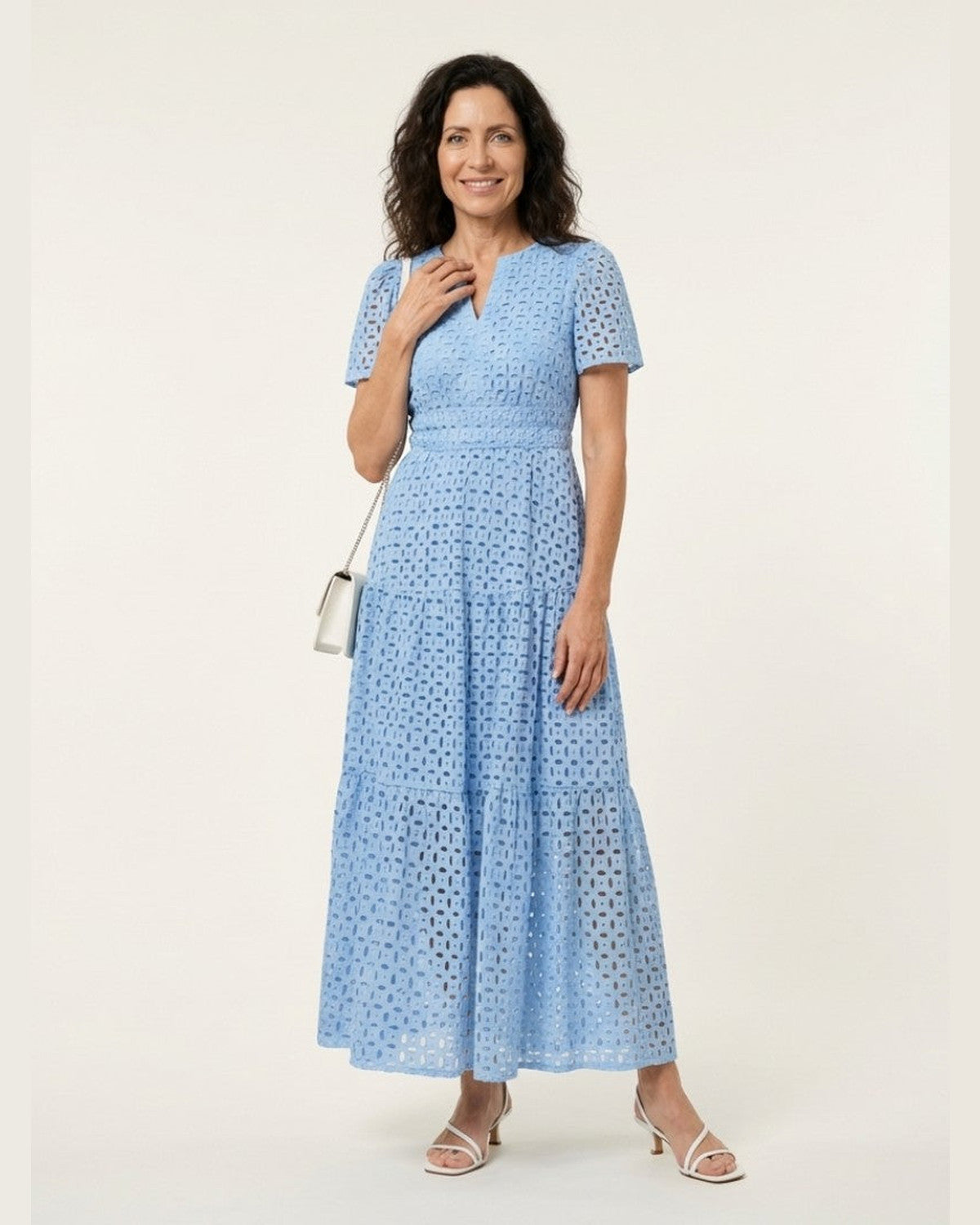 Brielle Eyelet Short Sleeve Maxi Dress for Women - Tiered Summer Dress - Sky Blue