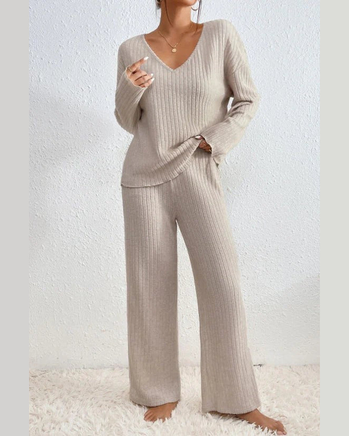 Callie Ribbed Lounge Two Piece Set for Women - Wide Leg Knit Pants Summer Set - Beige