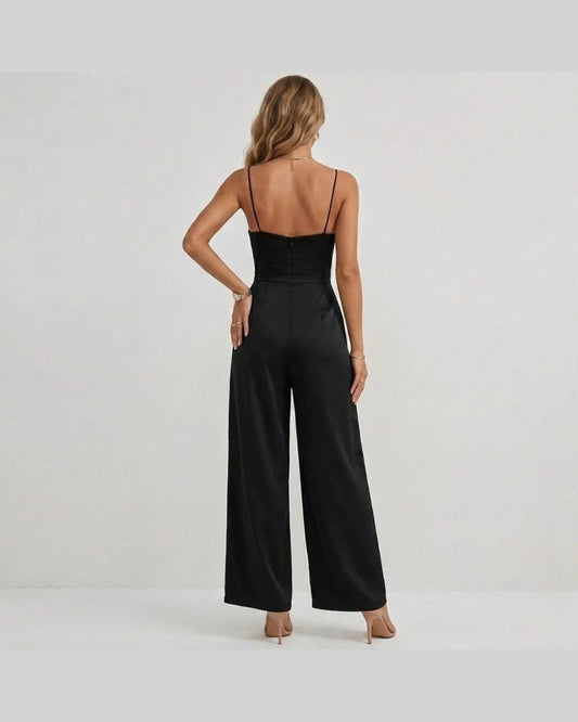 Camille Wide Leg Jumpsuit for Women - Pleated Casual Tie Summer Jumpsuit - Black