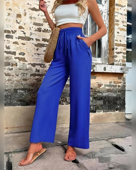 Carol High Waist Wide Leg Pants for Women - Drawstring Waistband Summer Pants - Blue