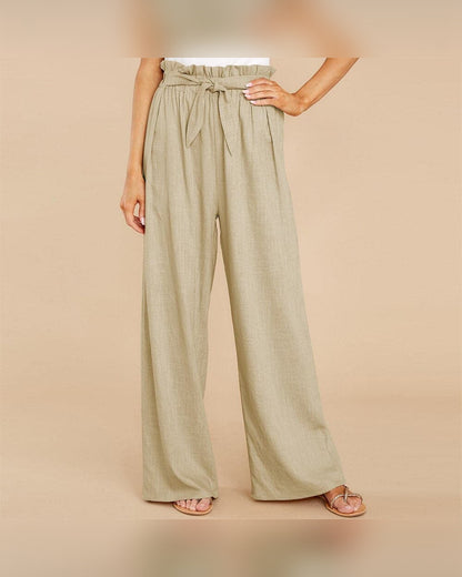 Celeste High Waisted Wide Leg Pants for Women - Belted Linen-Look Summer Pants - Khaki