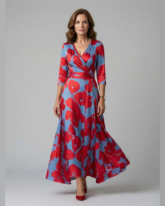 Celine Cross Wrap V-Neck Maxi Dress for Women - Three-Quarter Sleeve Summer Dress - Red