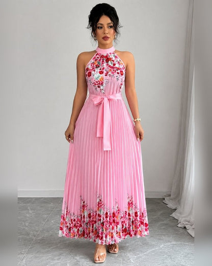 Charlie Floral Pleated Maxi Dress for Women - Halter Summer Dress - Pink