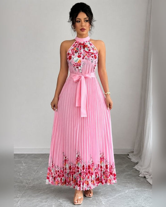 Charlie Floral Pleated Maxi Dress for Women - Halter Summer Dress - Pink