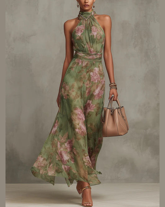 Chloe Halter Neck Maxi Dress for Women - Floral Summer Dress - Green