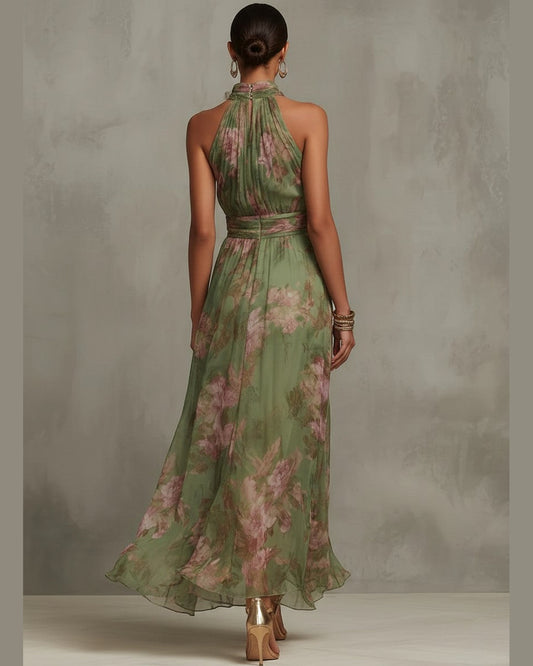 Chloe Halter Neck Maxi Dress for Women - Floral Summer Dress - Green