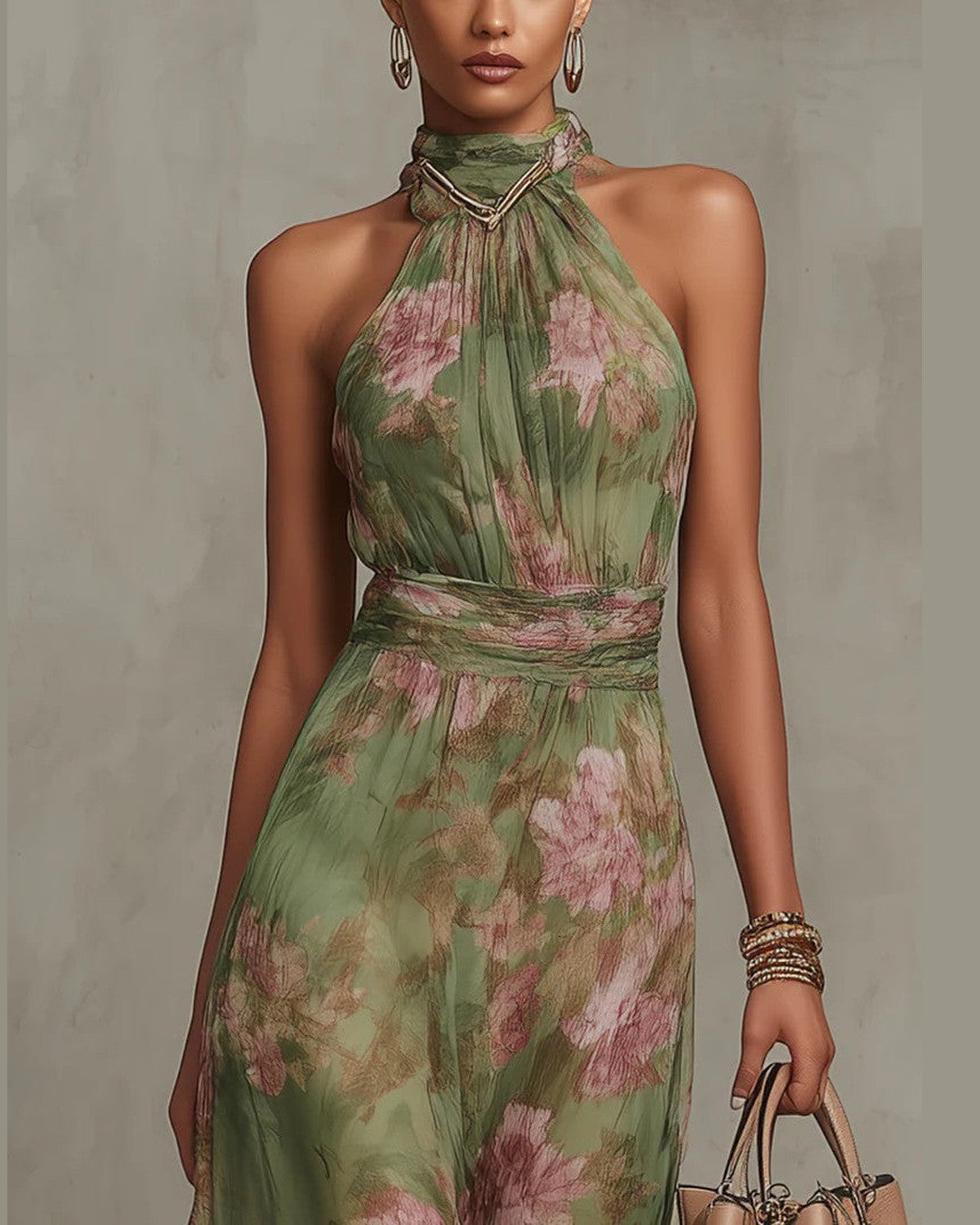 Chloe Halter Neck Maxi Dress for Women - Floral Summer Dress - Green