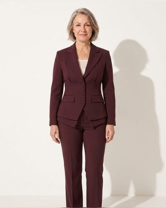 Cordelia Tailored Straight Leg Two Piece Set for Women - Trousers Blazer Suit Summer Set - Wine Red