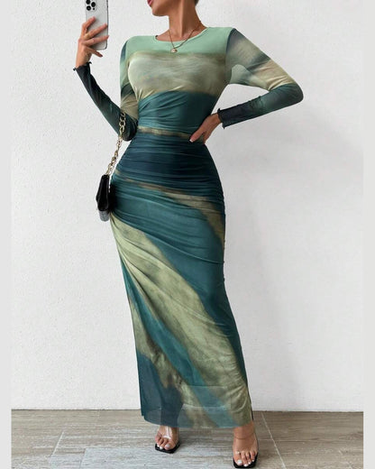 Cosima Comfy Printed Maxi Dress for Women - Bodycon Long Sleeve Summer Dress - Green