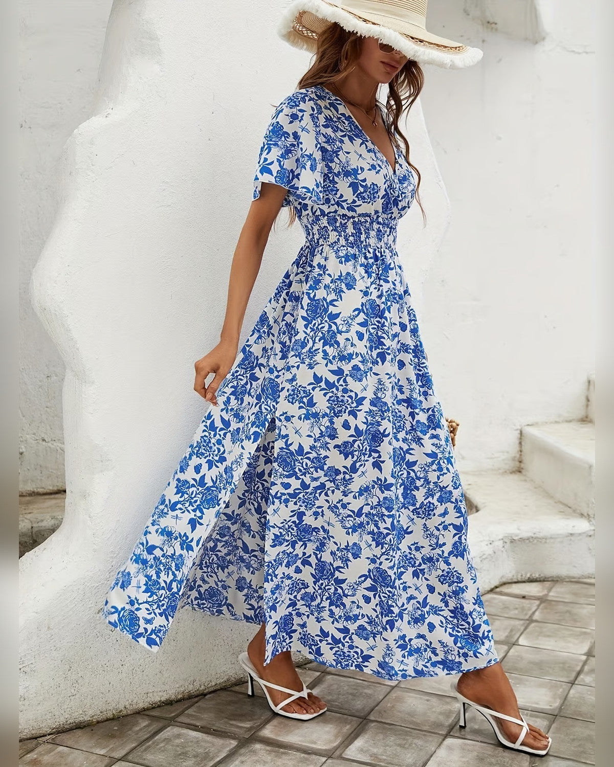 Cressida Floral Neck Maxi Dress for Women - Short Sleeve Summer Dress - Blue