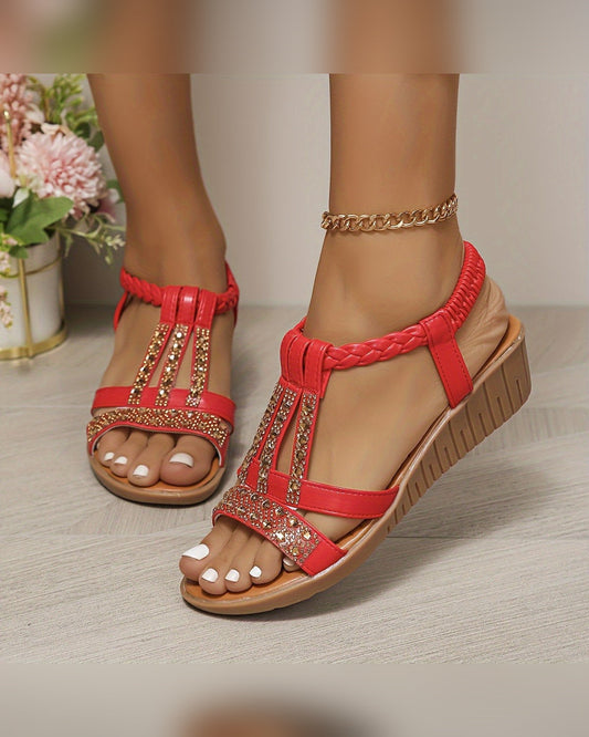 Darby Rhinestone Woven Sandals for Women - Summer Sandals - Red