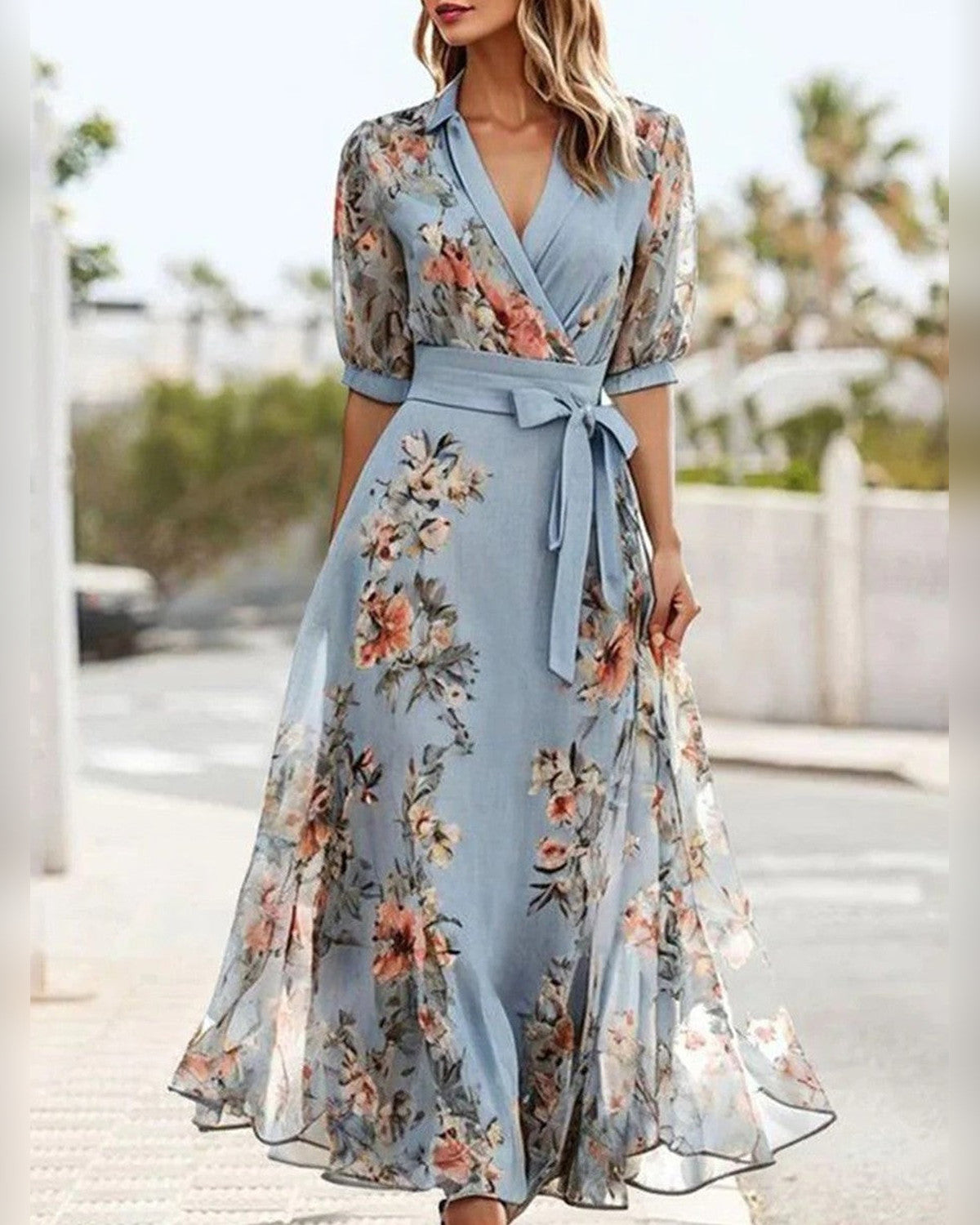 Delphine Floral V-Neck Maxi Dress for Women - Garden Party Summer Dress - Blue