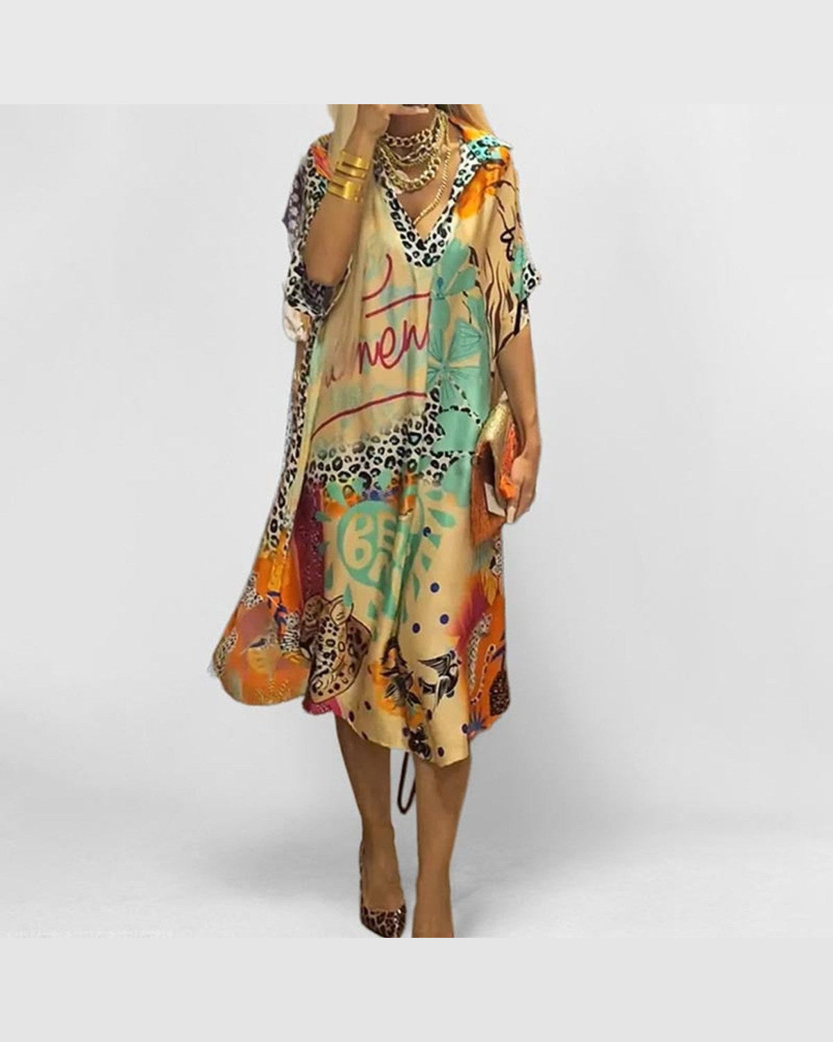 Ella Graphic Print Midi Dress for Women - V-Neck Swing Tunic Summer Dress - Multicolour