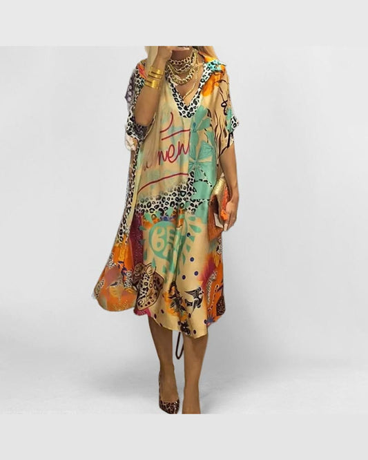 Ella Graphic Print Midi Dress for Women - V-Neck Swing Tunic Summer Dress - Multicolour