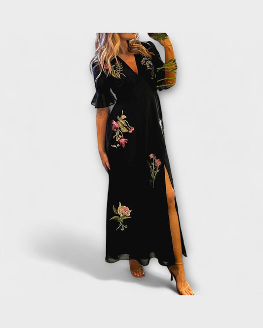 Elodie Floral V-Neck Maxi Dress for Women - Summer Dress - Black