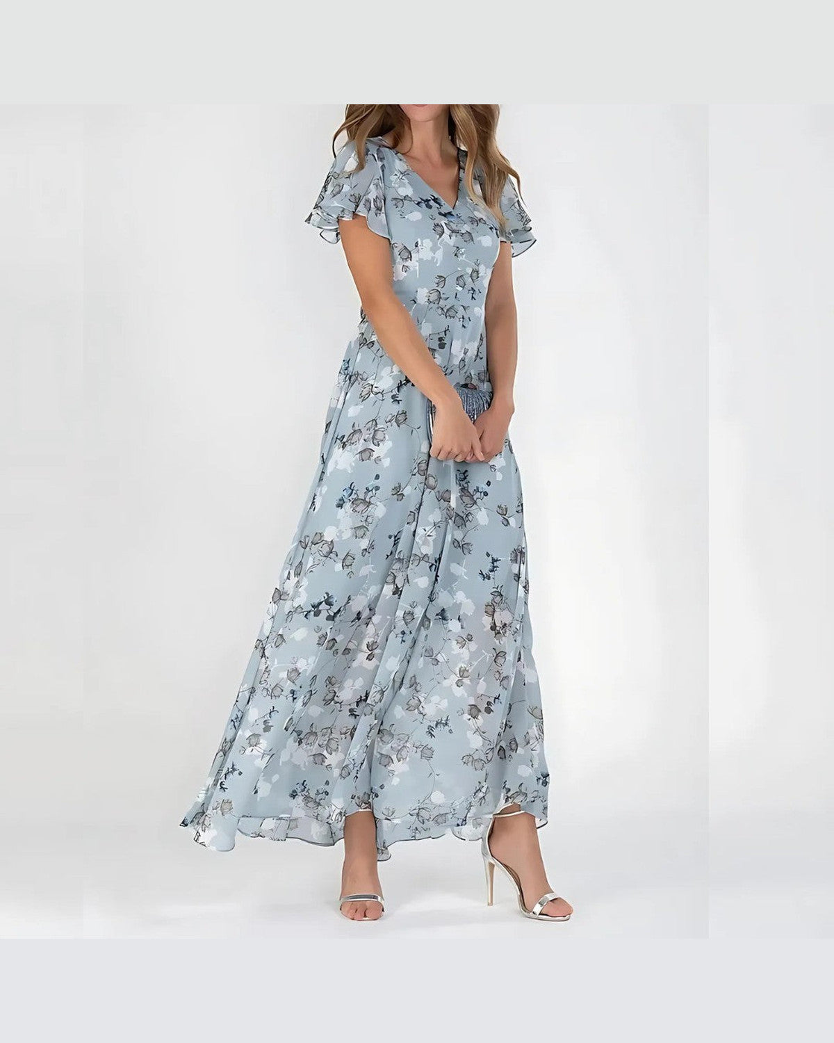 Elowen Floral Print Maxi Dress for Women - V-Neck Flutter Sleeve Summer Dress - Blue