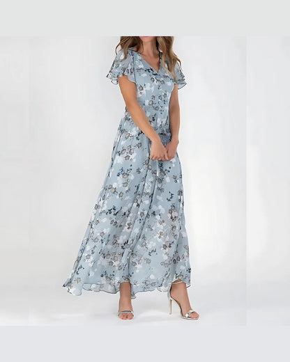 Elowen Floral Print Maxi Dress for Women - V-Neck Flutter Sleeve Summer Dress - Blue