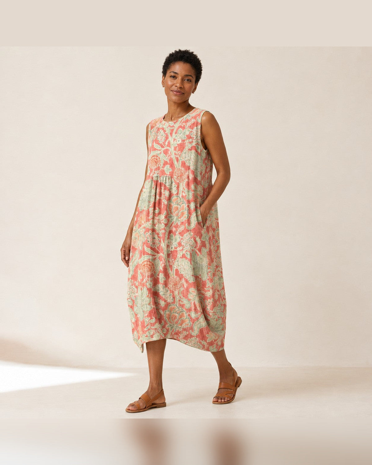 Emmanuelle Sleeveless Floral Midi Dress for Women - Print Relaxed-Fit Summer Dress - Coral Pink