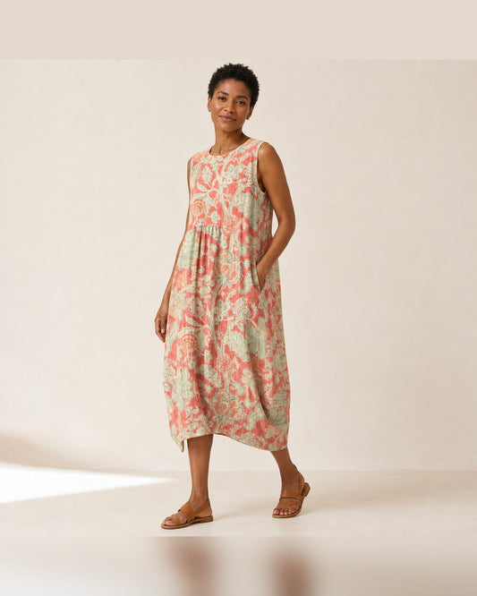 Emmanuelle Sleeveless Floral Midi Dress for Women - Print Relaxed-Fit Summer Dress - Coral Pink