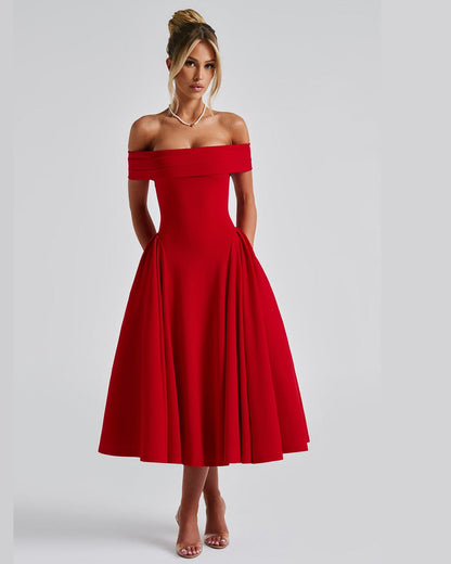 Esme Off-Shoulder Flare Midi Dress for Women - Summer Dress - Red