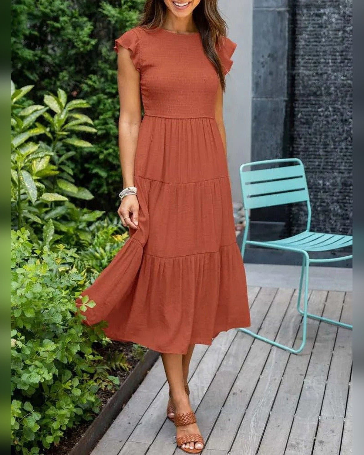Estelle Tummy Control Midi Dress for Women - Tiered Ruffle Sleeve Summer Dress - Orange