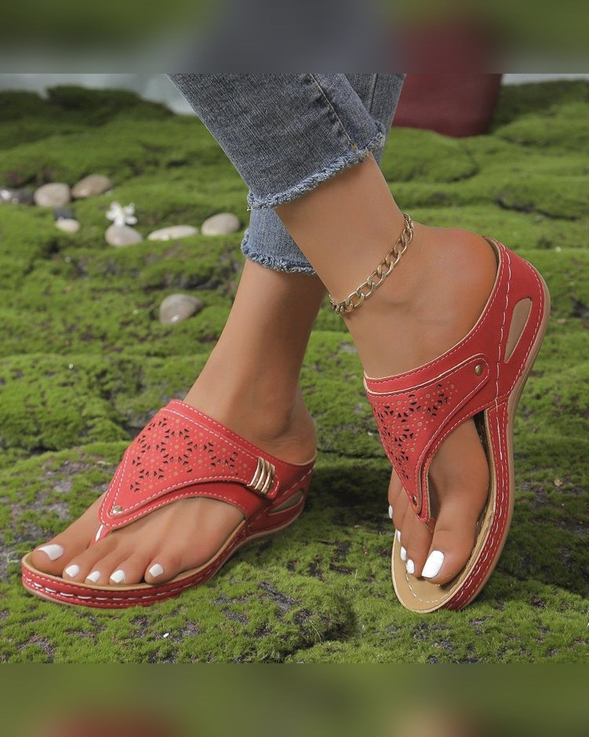 Etta Perforated Toe-Post Sandals for Women - Backless Wedge Summer Sandals - Wine Red