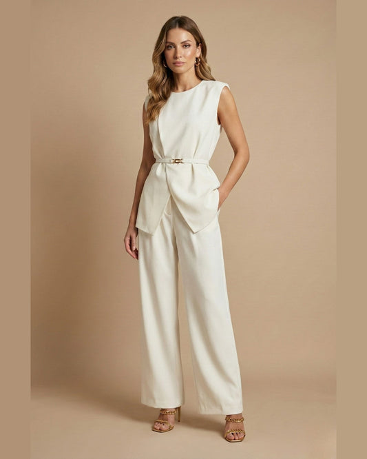 Evangeline Sleeveless Wide Leg Two Piece Set for Women - Trouser Co-Ord Summer Set - White