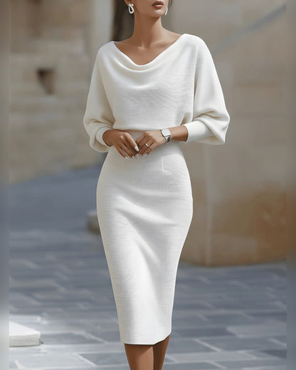 Faustine Draped Cowl Neck Midi Dress for Women - Batwing Garden Party Summer Dress - White