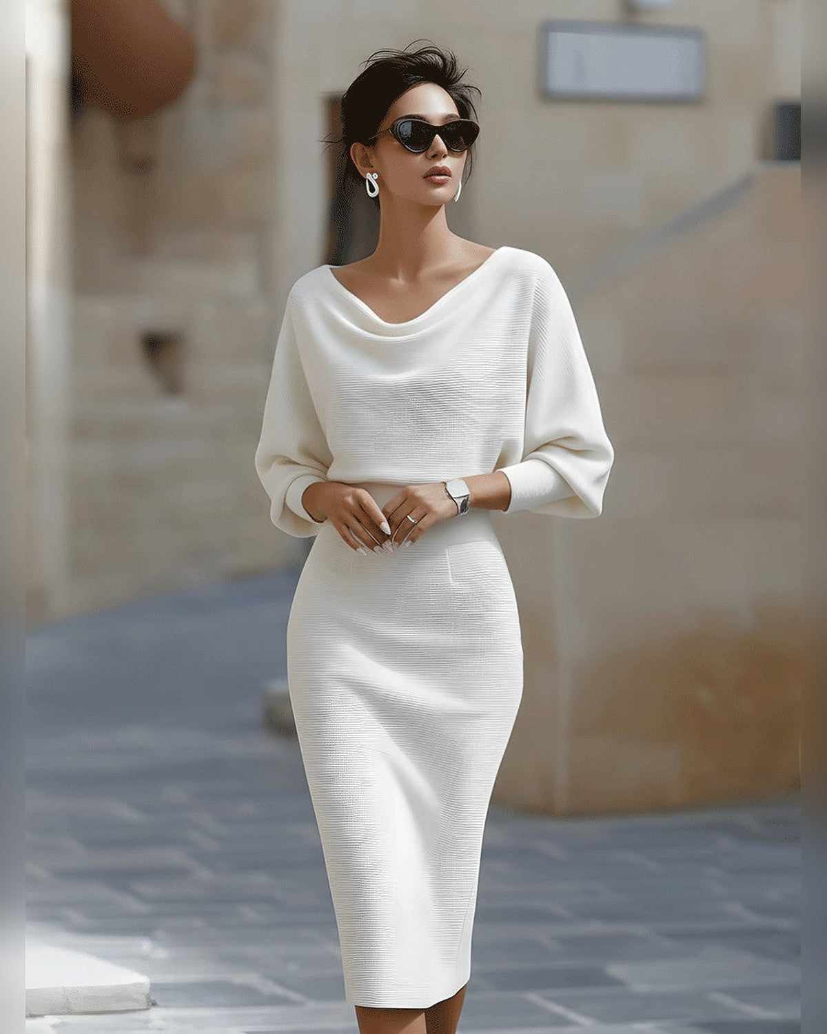 Faustine Draped Cowl Neck Midi Dress for Women - Batwing Garden Party Summer Dress - White