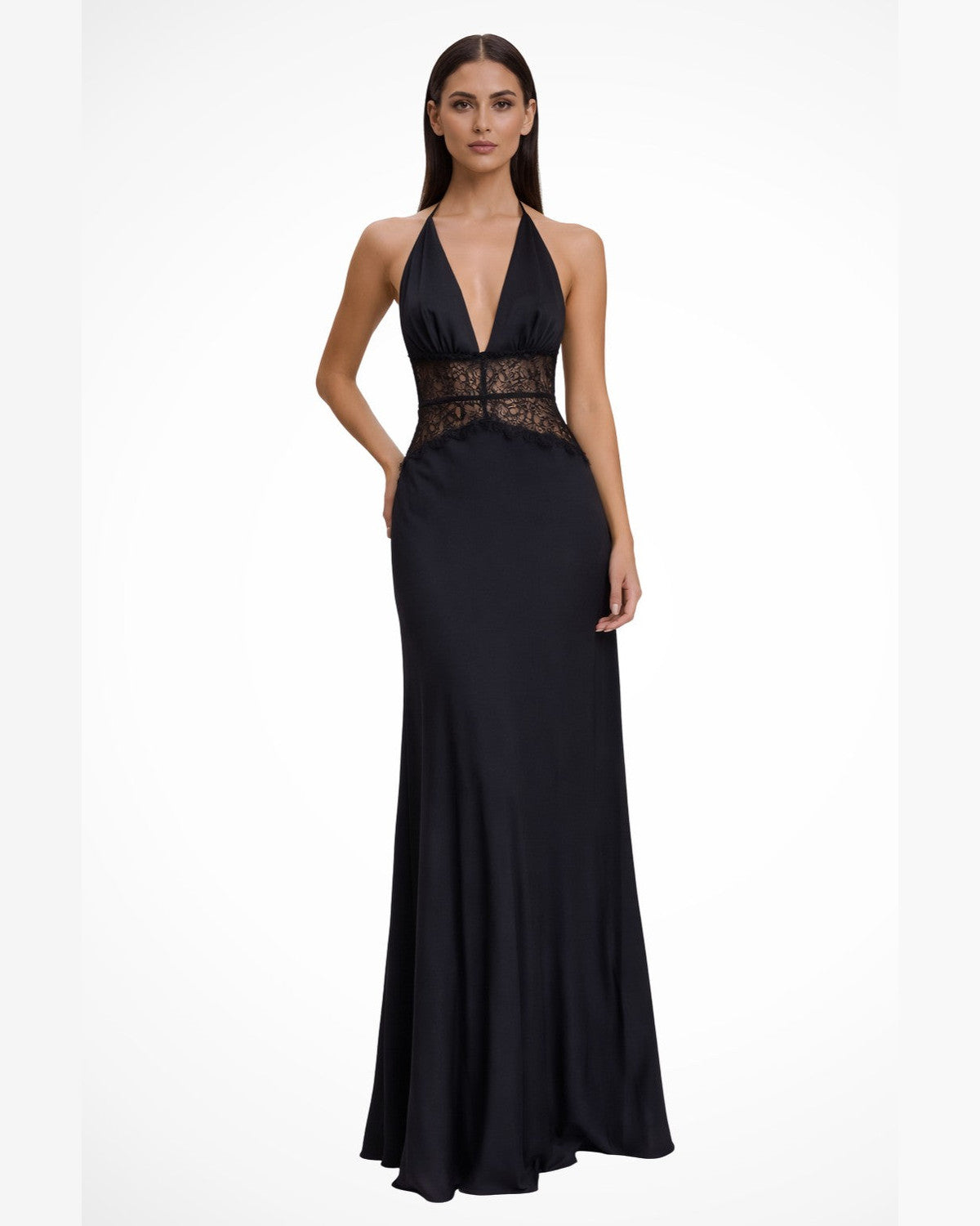 Florence Halter Neck Maxi Dress for Women - Backless Lace Waistband Summer Dress - Black