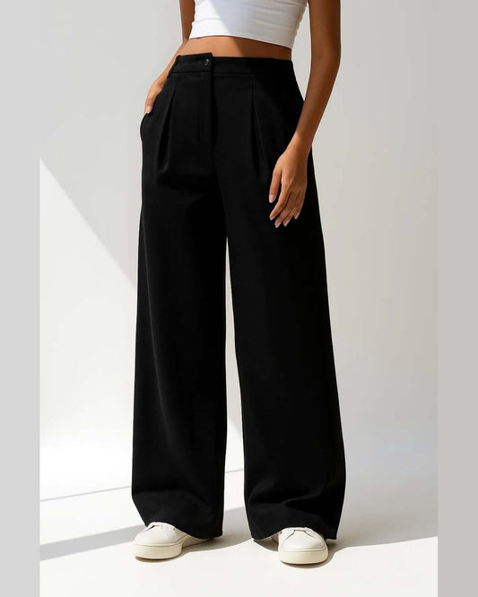 Greer High-Waisted Pleated Wide Leg Pants for Women - Trousers Summer Pants - Black