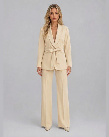 Hazel Belted Two Piece Set for Women - Blazer Wide-Leg Trouser Summer Set - Beige