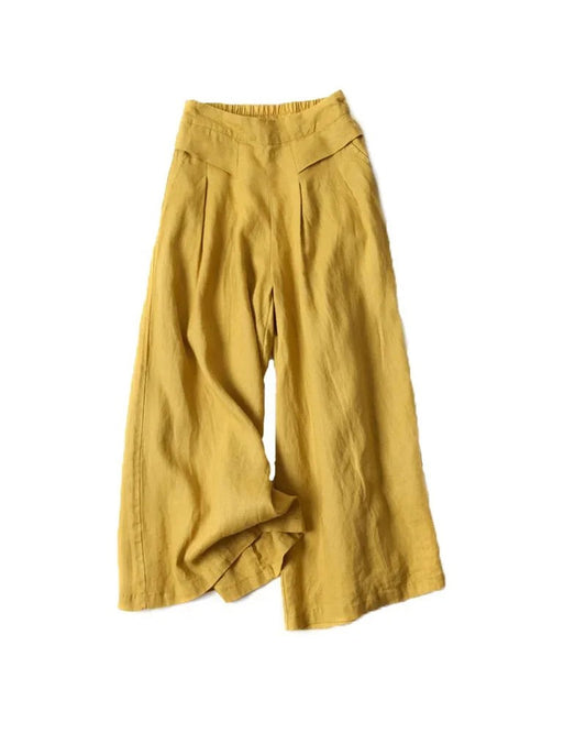 Hedda Cotton Linen Wide Leg Pants for Women - Cropped Elastic Waist Summer Pants - Mustard