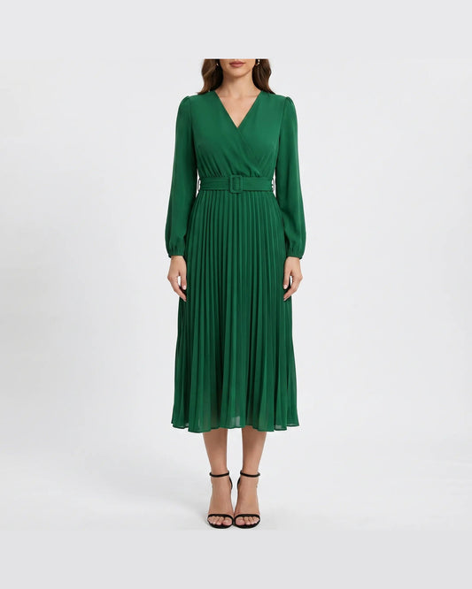 Henrietta Long Sleeve Midi Dress for Women - Pleated Summer Dress - Green