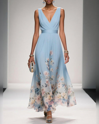 Ines V-Neck Ruched Maxi Dress for Women - Bodice Floral Border Summer Dress - Light Blue