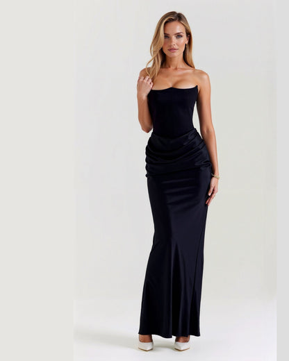 Isabella Strapless Ruched Maxi Dress for Women - Corset Bodice Summer Dress - Black