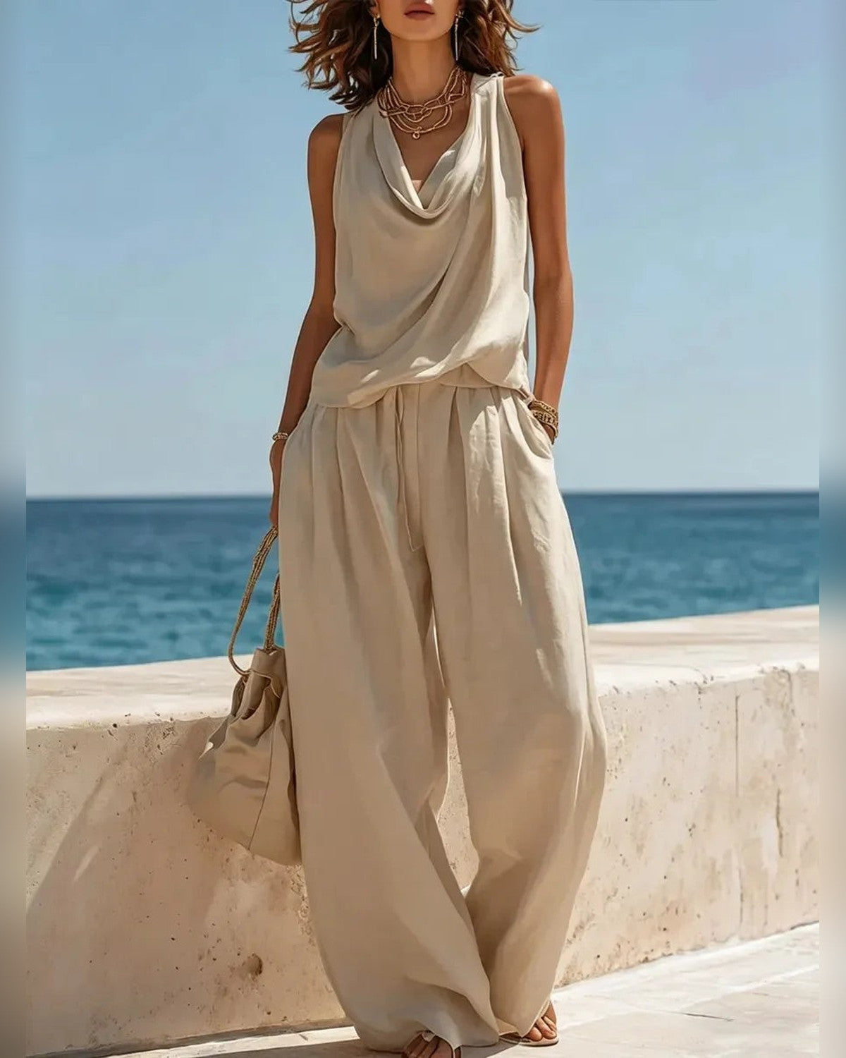 Isolde Cowl Neck Two Piece Set for Women - Wide Leg Trouser Summer Set - Beige