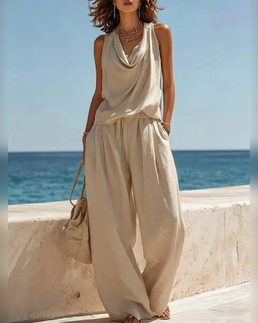 Isolde Cowl Neck Two Piece Set for Women - Wide Leg Trouser Summer Set - Beige