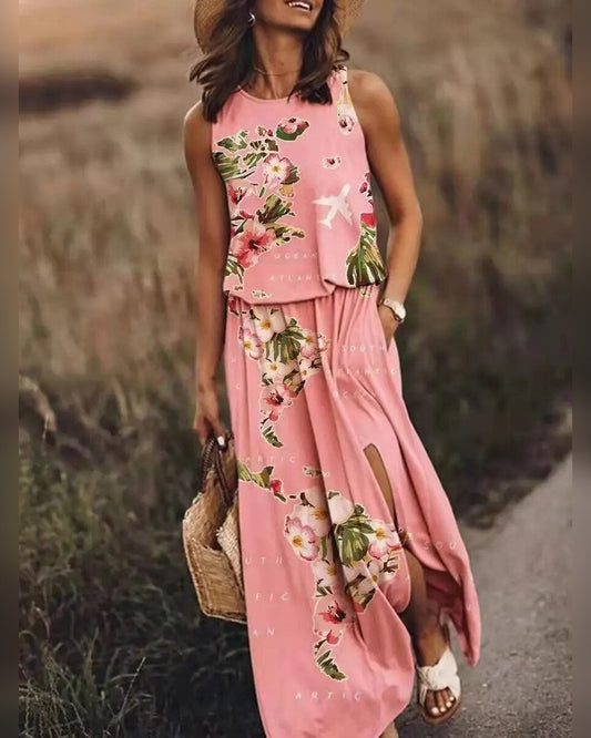 Jane Sleeveless Crop Two Piece Set for Women - Top Maxi Skirt Summer Set - Pink
