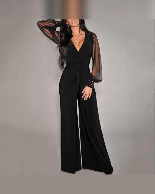 Jemima Long Sleeve Jumpsuit for Women - V-Neck Wide-Leg Summer Jumpsuit - Black