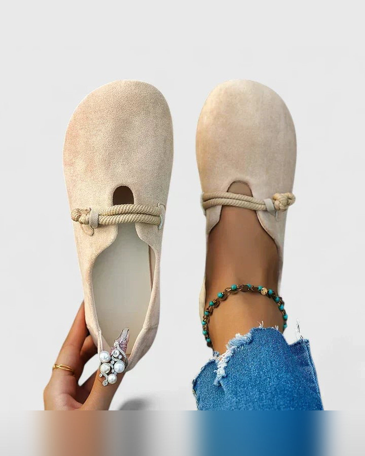 Josephine Knotted Strap Suede Flats for Women - Round Toe Summer Flats - Beige