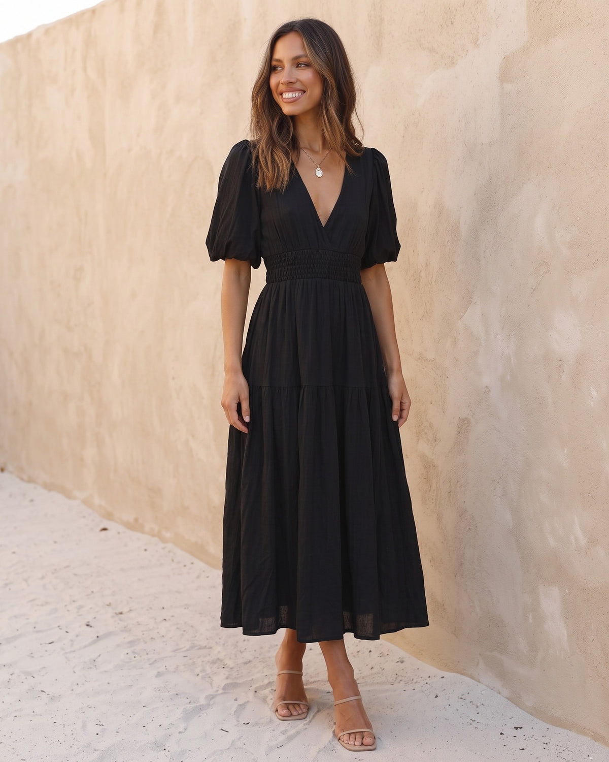 Katherine puff sleeve midi dress with smocked waist