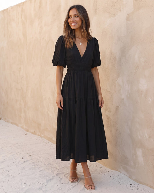 Katherine puff sleeve midi dress with smocked waist