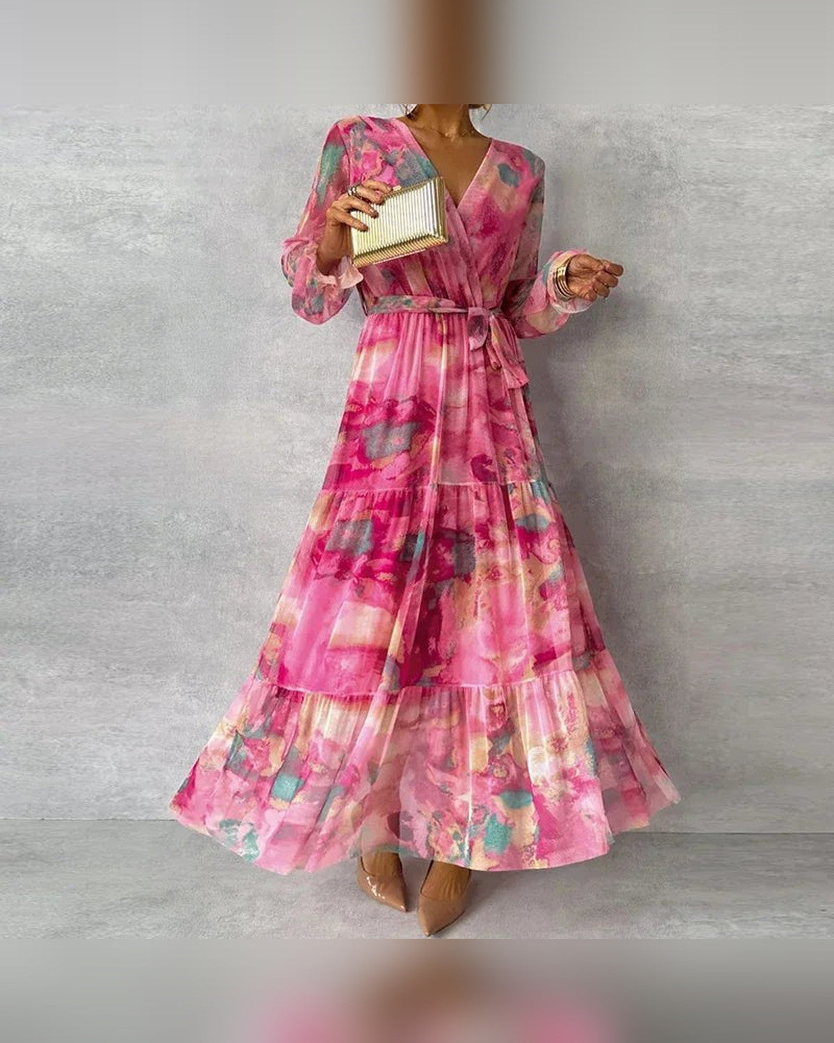 Katie Wedding Guest Maxi Dress for Women - Wrap V-Neck Summer Dress - Pink