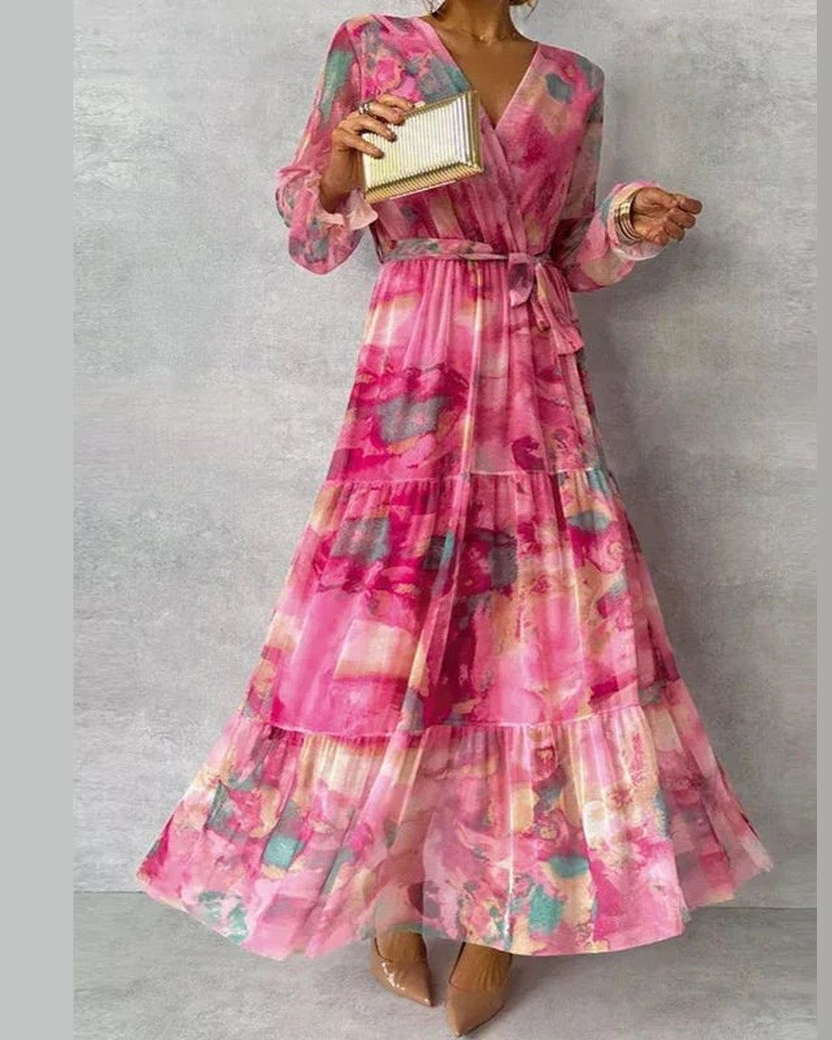 Katie Wedding Guest Maxi Dress for Women - Wrap V-Neck Summer Dress - Pink