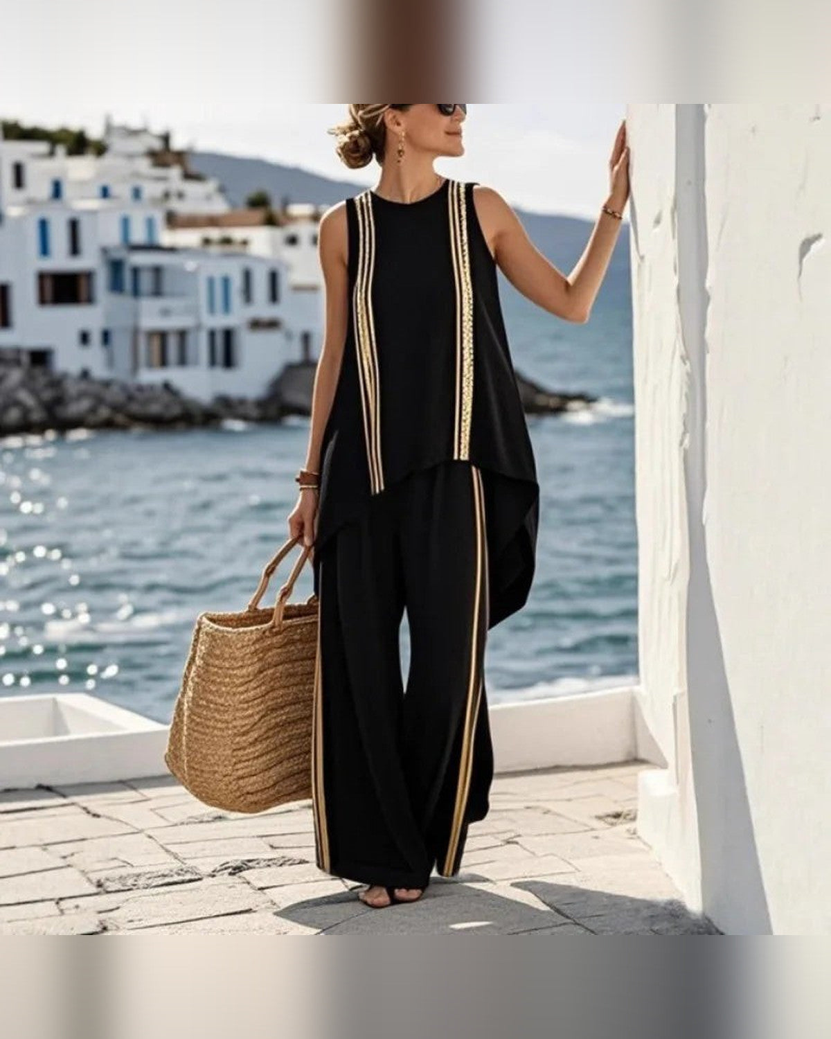 Kirsten Comfortable Breezy Wide Leg Pants for Women - Striped Summer Pants - Black