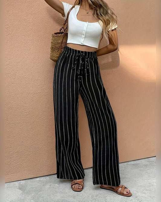 Kirsten Comfortable Breezy Wide Leg Pants for Women - Striped Summer Pants - Black