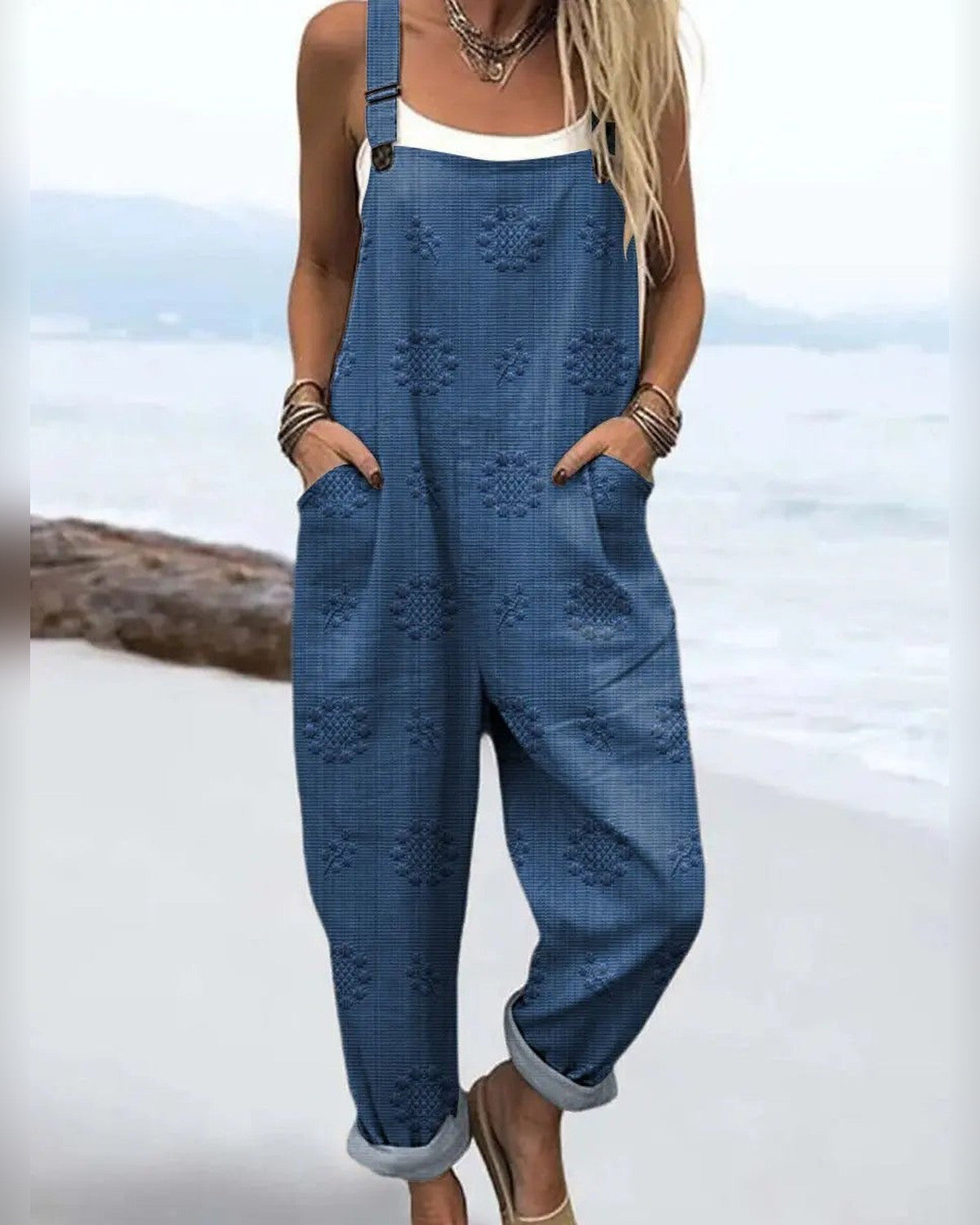 Lavinia Relaxed Tapered-Leg Jumpsuit for Women - Adjustable Strap Pocket Summer Jumpsuit - Blue