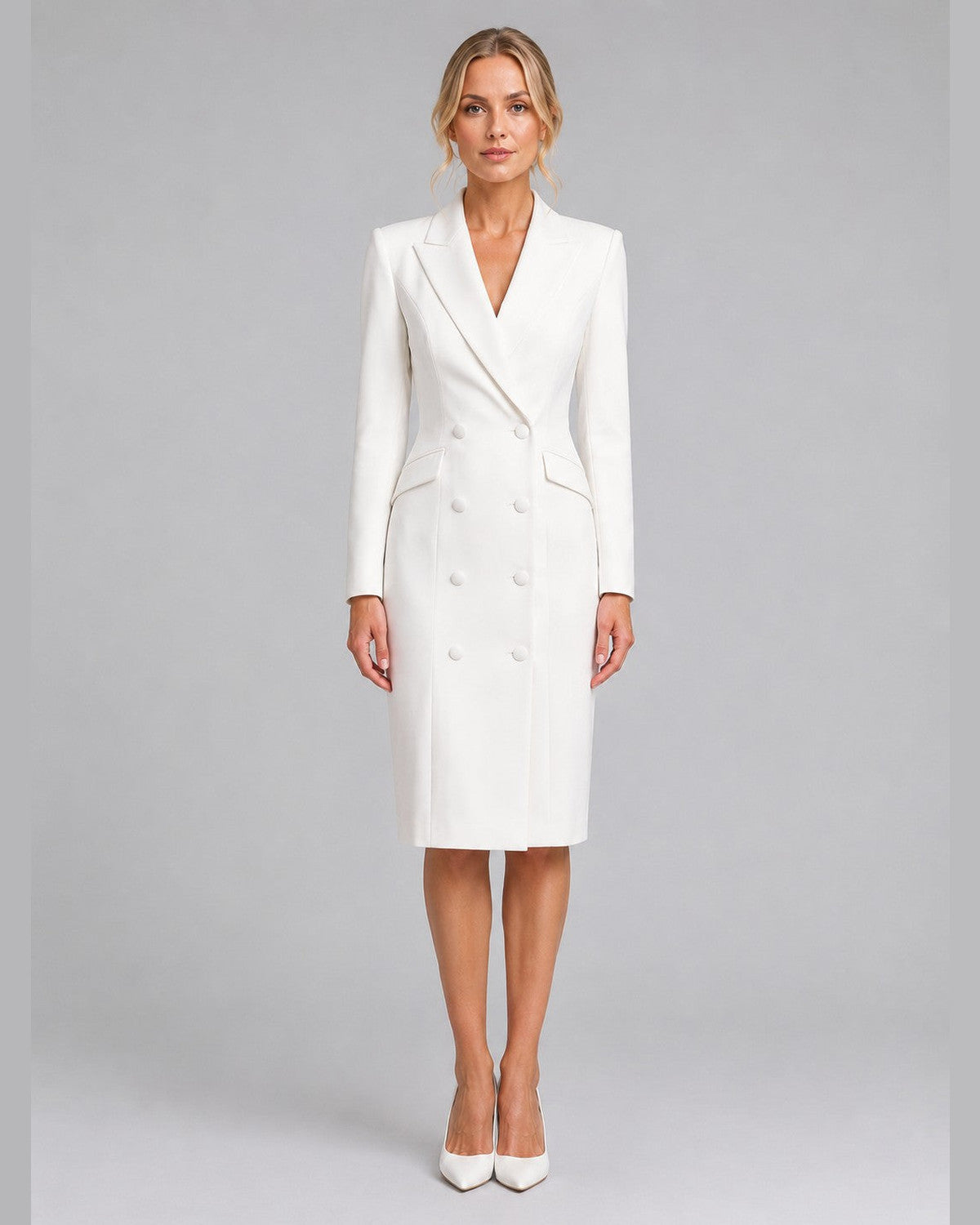 Lucienne Blazer Midi Dress for Women - Double Breasted Summer Dress - White