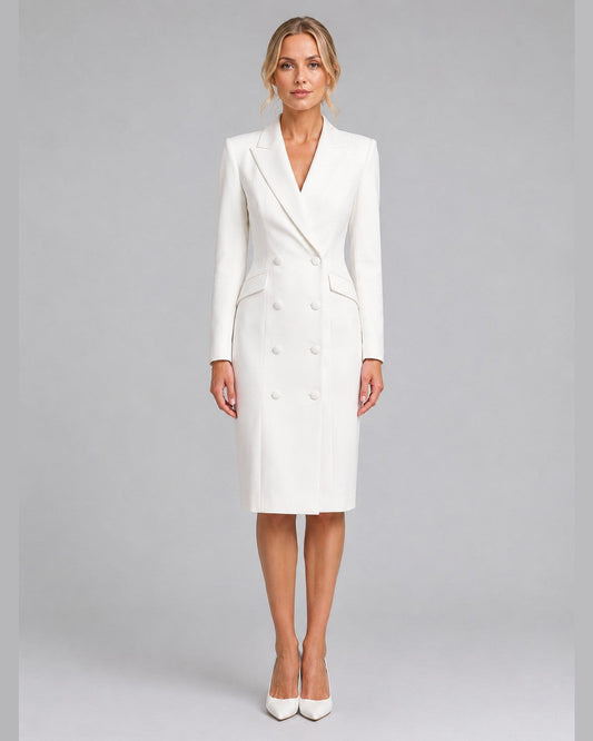 Lucienne Blazer Midi Dress for Women - Double Breasted Summer Dress - White